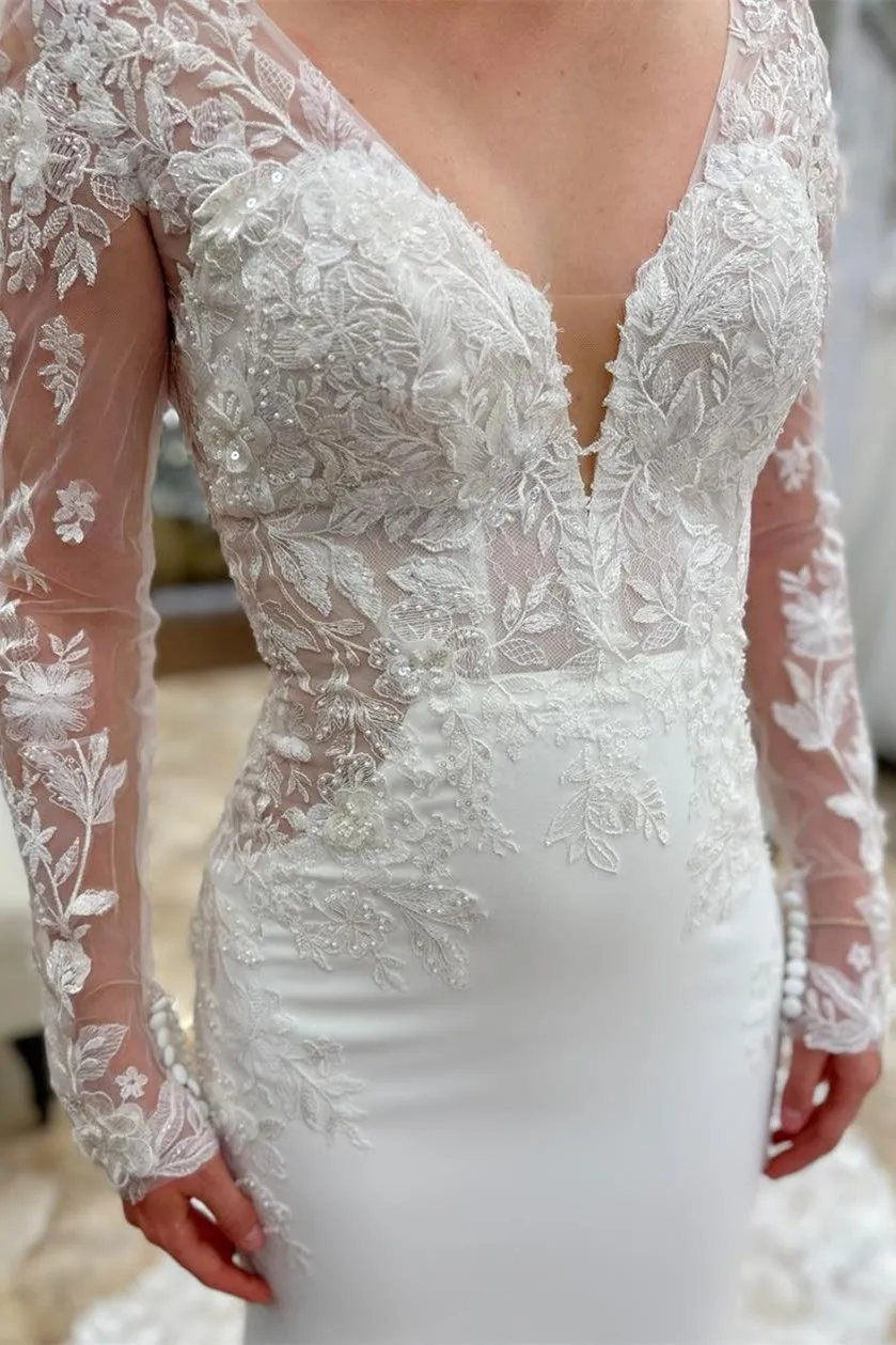 Maeve | White Appliques Plunge V Mermaid Bridal Gown with Long Sleeves