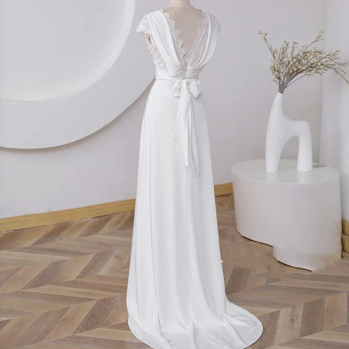 Maxi Boho Lace Crepe Wedding Dress with Open Back ET3061