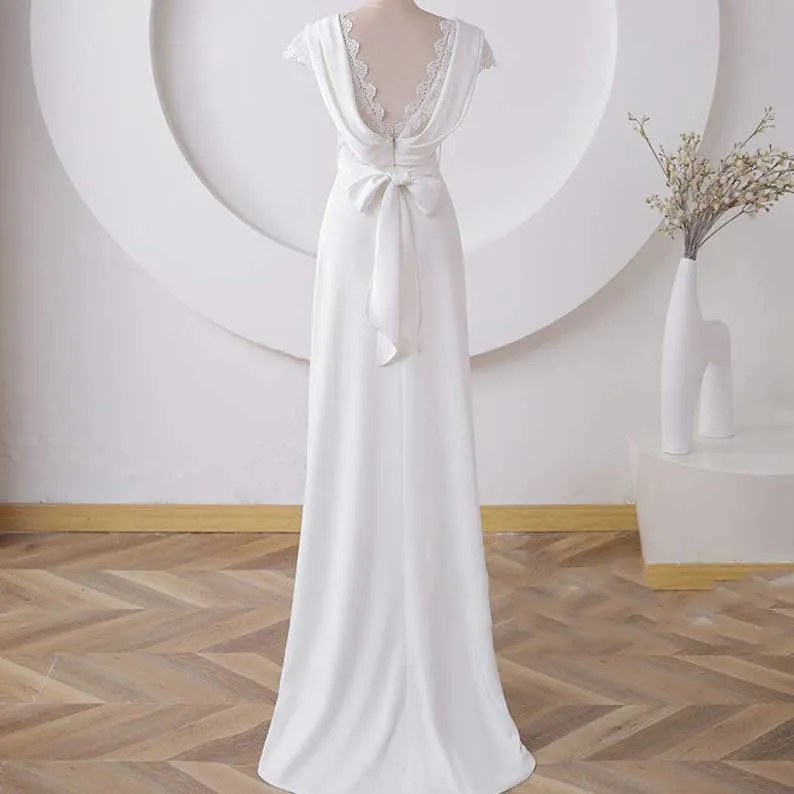 Maxi Boho Lace Crepe Wedding Dress with Open Back ET3061
