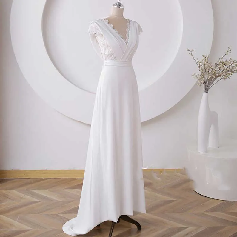 Maxi Boho Lace Crepe Wedding Dress with Open Back ET3061