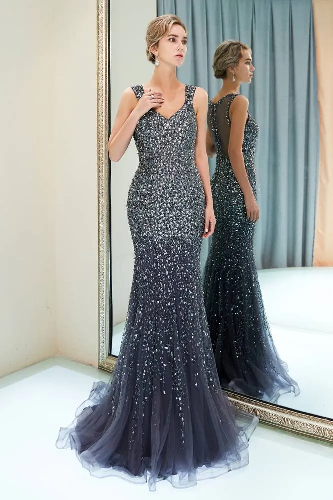 Mermaid Beading Sheer Back Gold Evening Dress with Rhinestones