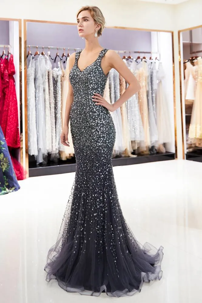 Mermaid Beading Sheer Back Gold Evening Dress with Rhinestones