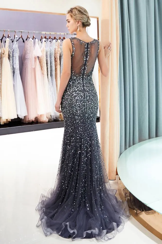 Mermaid Beading Sheer Back Gold Evening Dress with Rhinestones