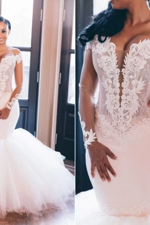 Mermaid Deep V-neck Floor Length Tulle Applique Wedding Dress