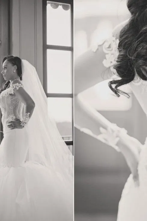 Mermaid Deep V-neck Floor Length Tulle Applique Wedding Dress