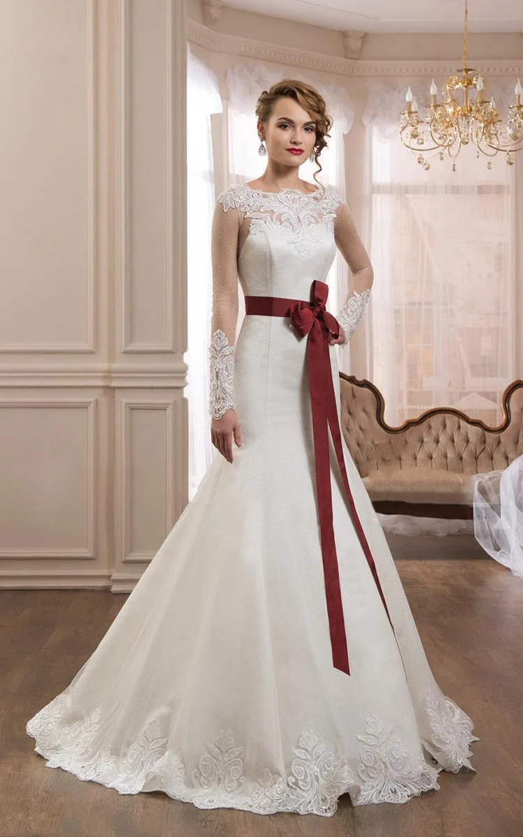 Mermaid Long Sleeve Bateau Dress With Illusion And Bow-712152