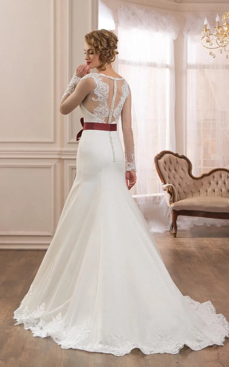 Mermaid Long Sleeve Bateau Dress With Illusion And Bow-712152