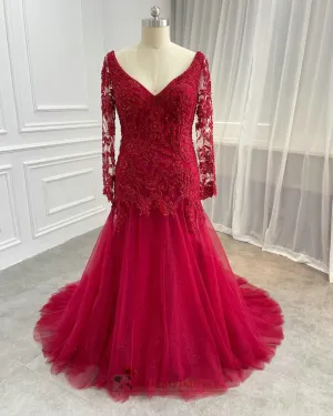 Mermaid Long Sleeve Burgundy Plus Size Wedding Dress