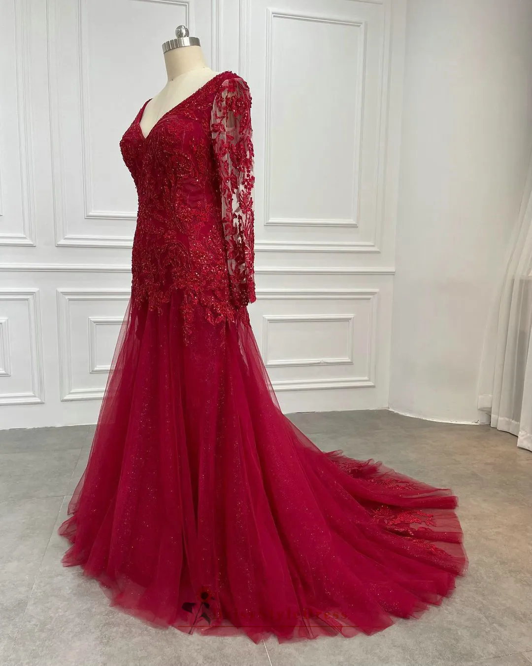 Mermaid Long Sleeve Burgundy Plus Size Wedding Dress
