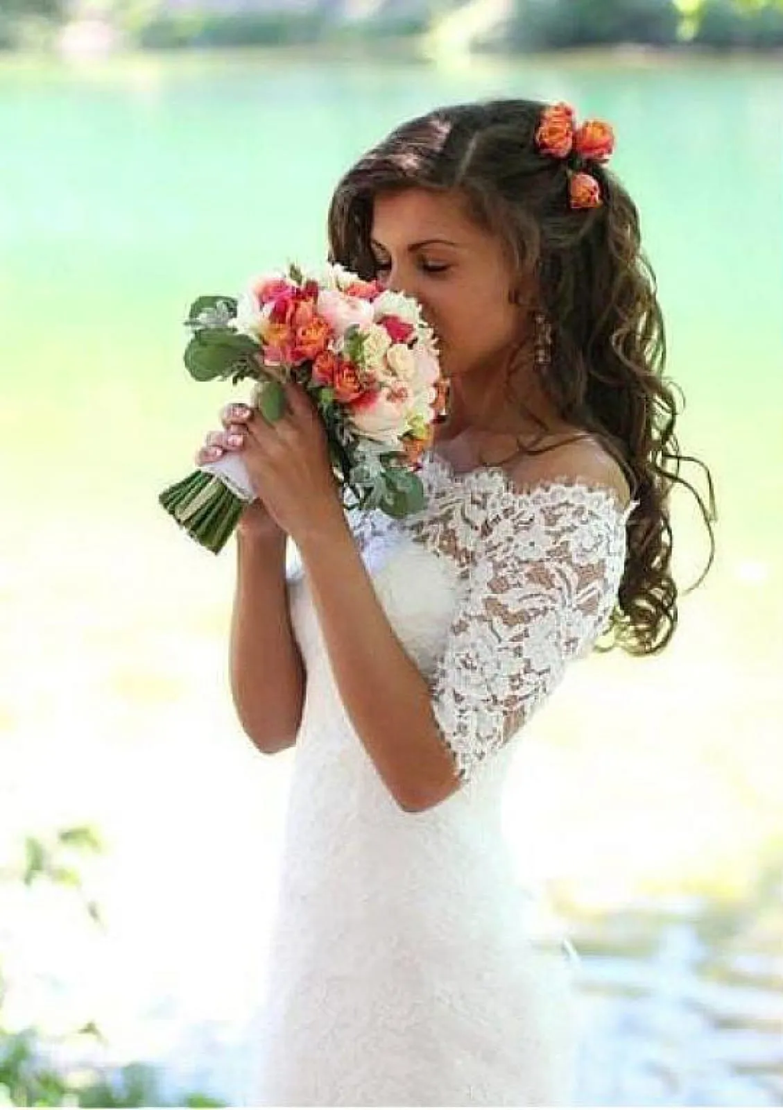 Mermaid Off Shoulder Half Sleeve Court Lace Bridal Wedding Dress