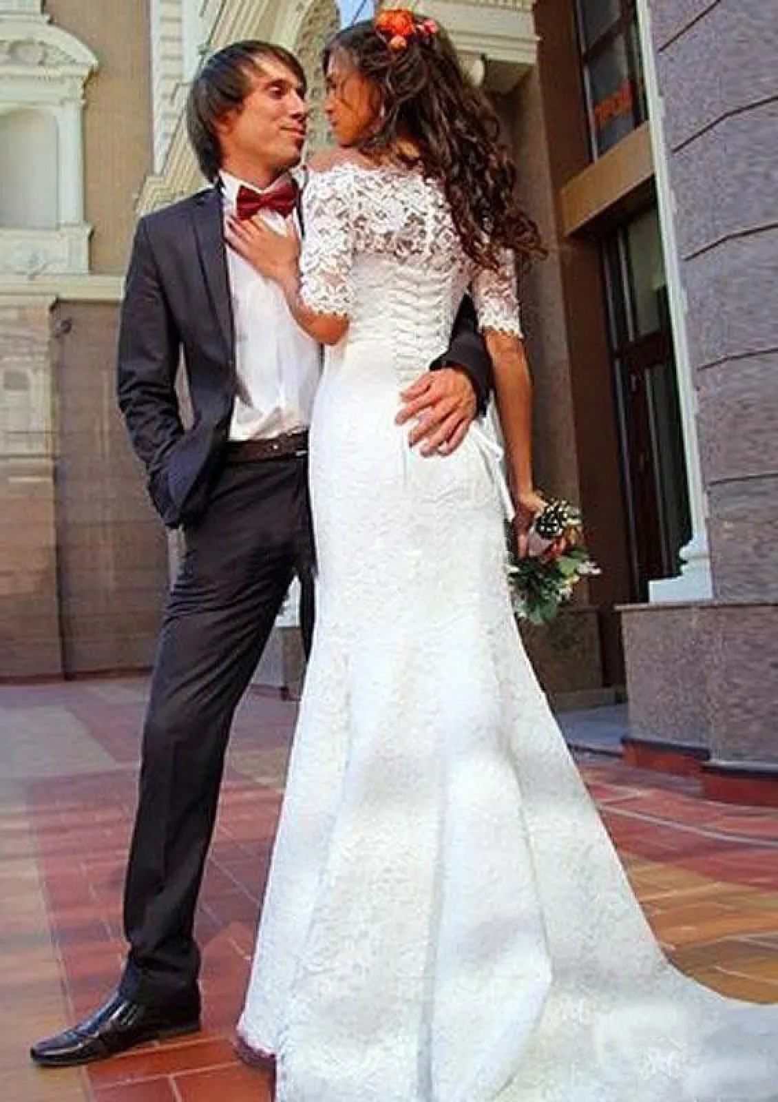Mermaid Off Shoulder Half Sleeve Court Lace Bridal Wedding Dress