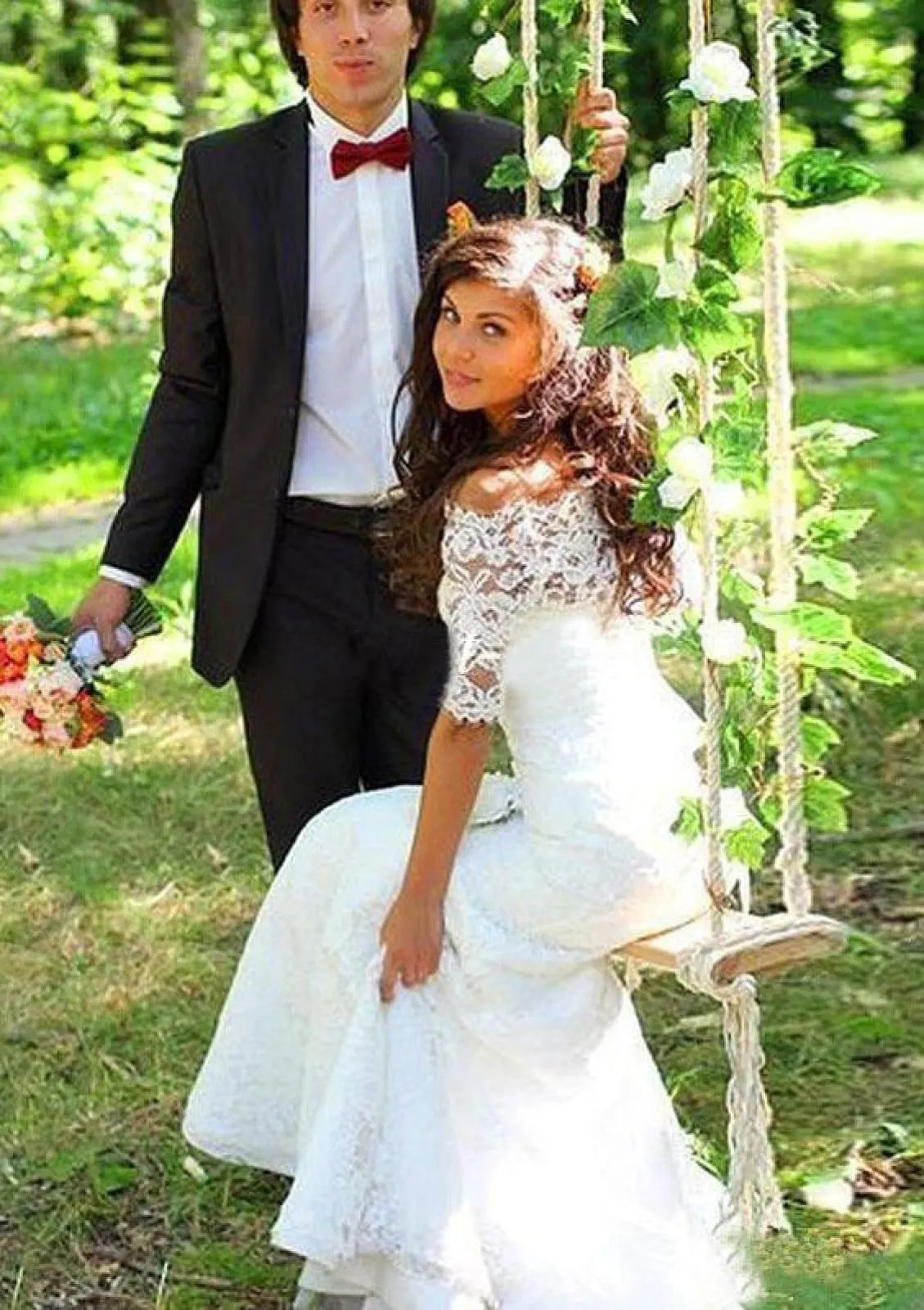 Mermaid Off Shoulder Half Sleeve Court Lace Bridal Wedding Dress