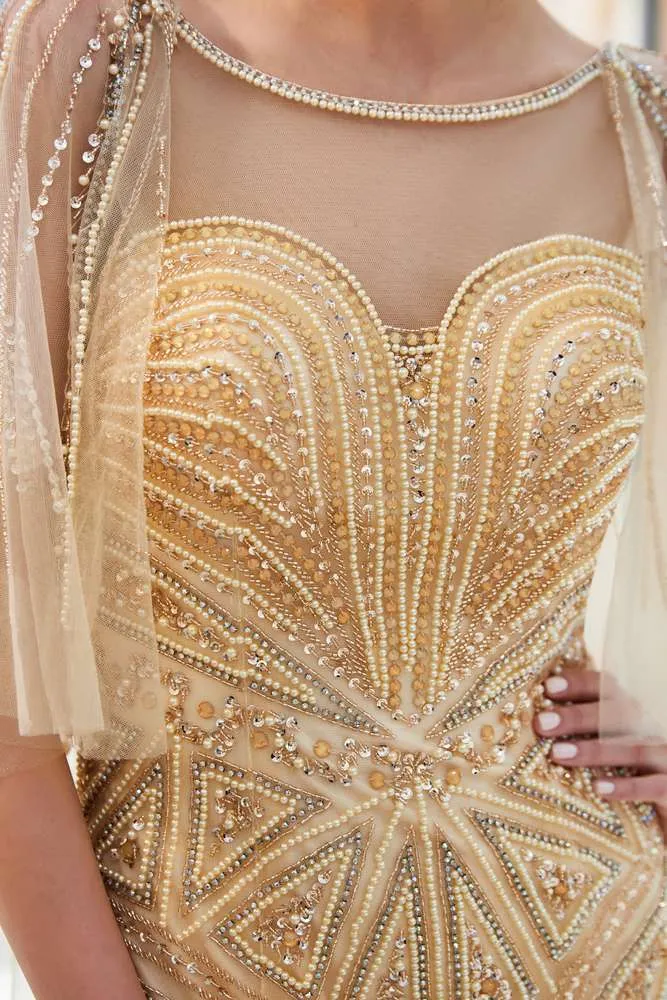 Mermaid Sheer V-Back Beading Silver Long Evening Dress with Shawl
