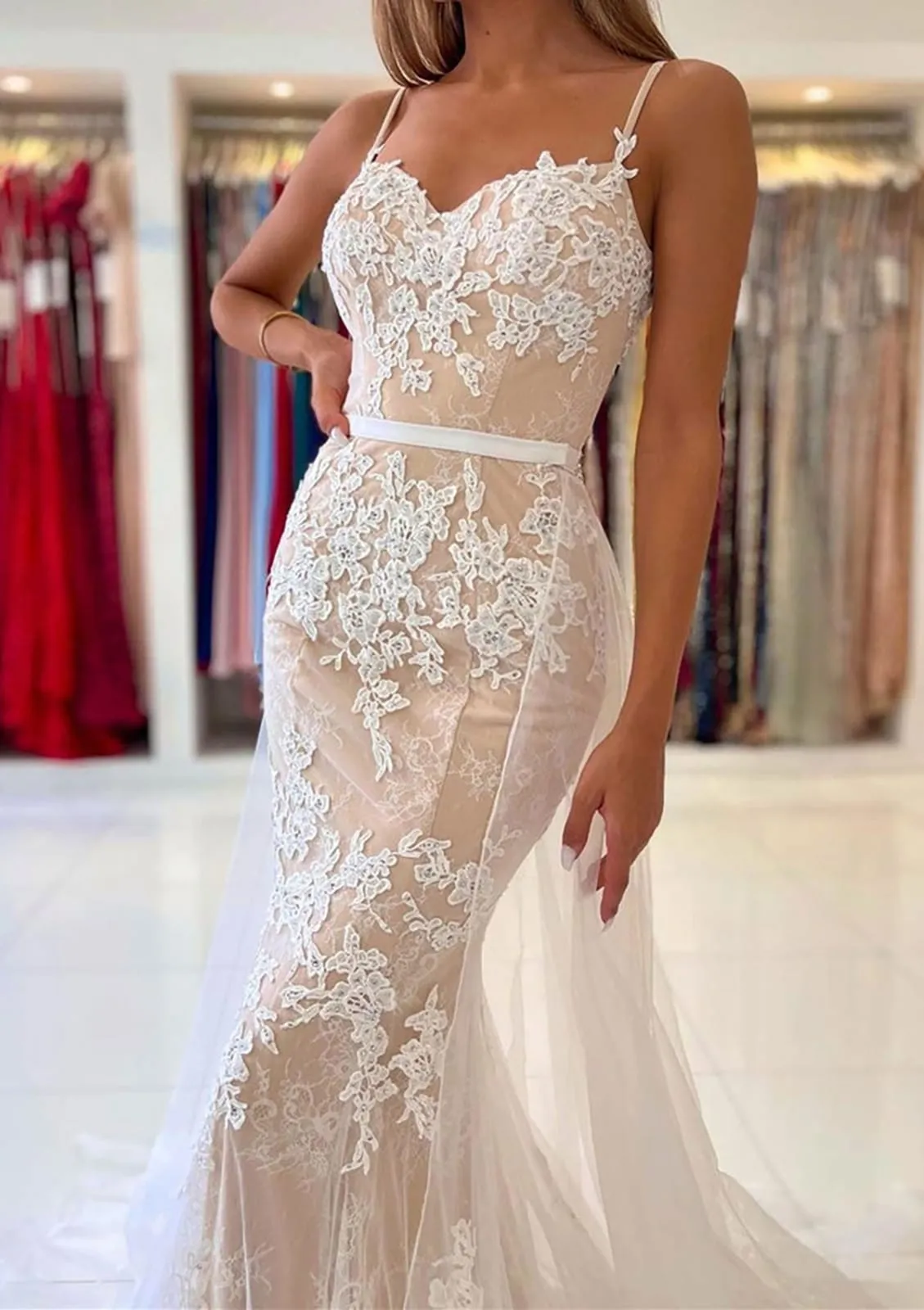 Mermaid Strap Champagne Overskirt Court Lace Tulle Wedding Dress