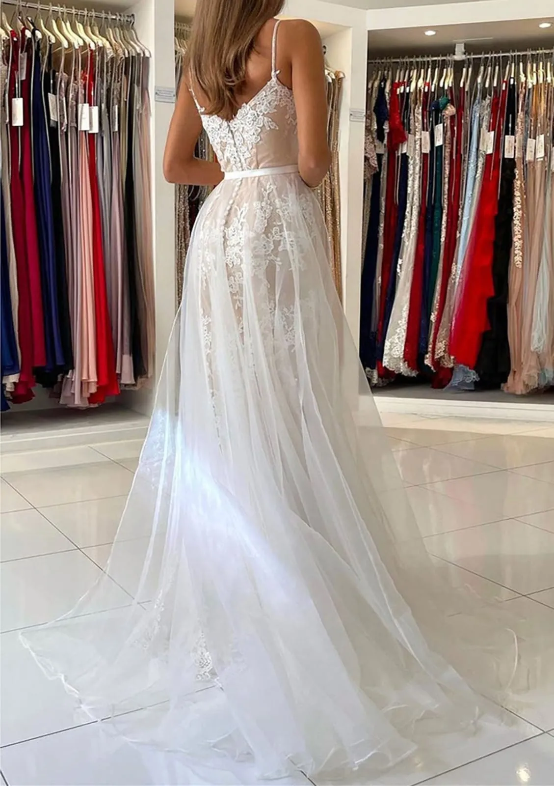 Mermaid Strap Champagne Overskirt Court Lace Tulle Wedding Dress