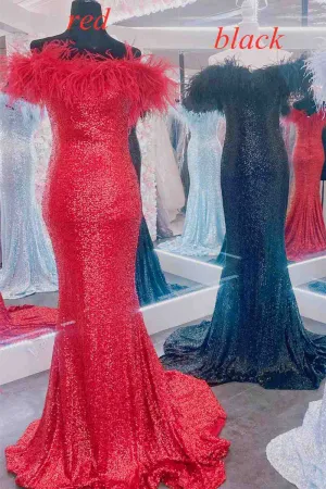 Mermaid Strapless Feathers Red Long Party Dress