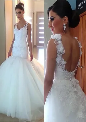 Mermaid V Neck Sleeveless Tulle Wedding Dress, Lace Flowers
