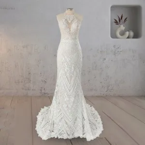 Mermaid White Halter Lace Appliqued Wedding Dress
