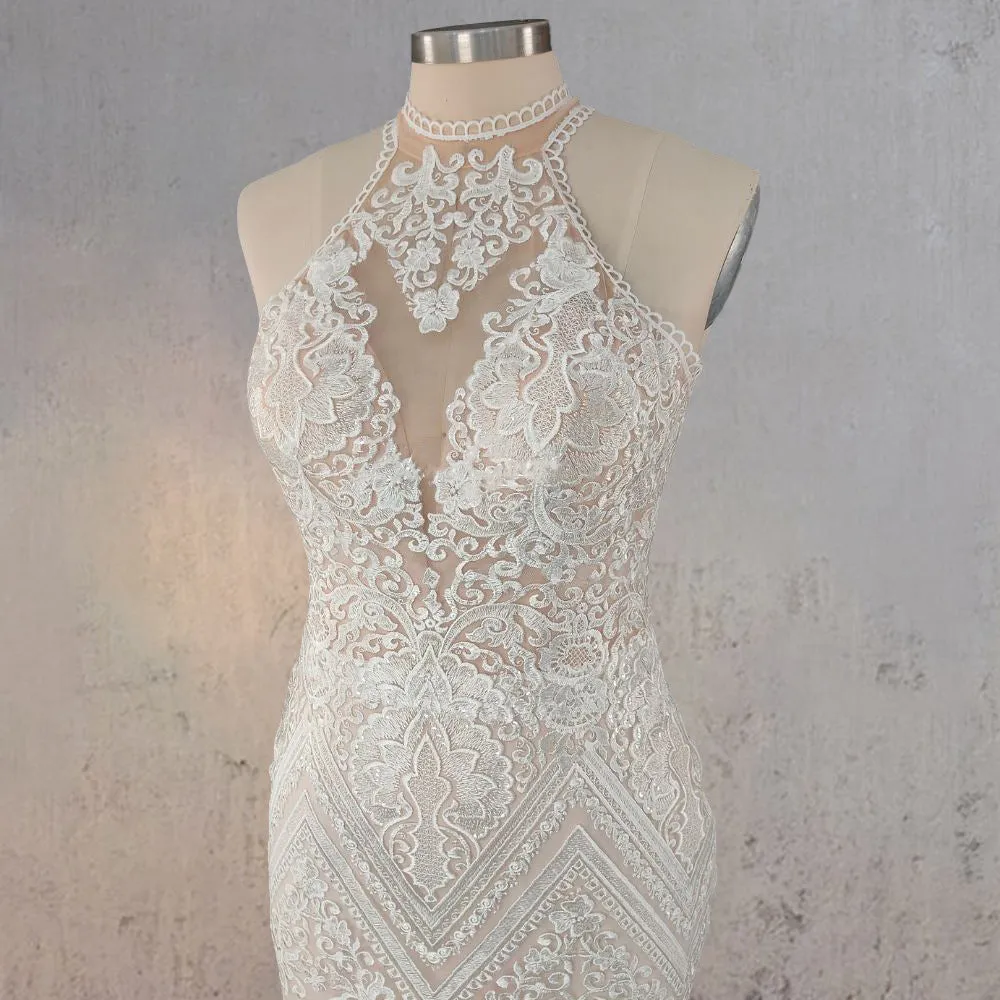 Mermaid White Halter Lace Appliqued Wedding Dress