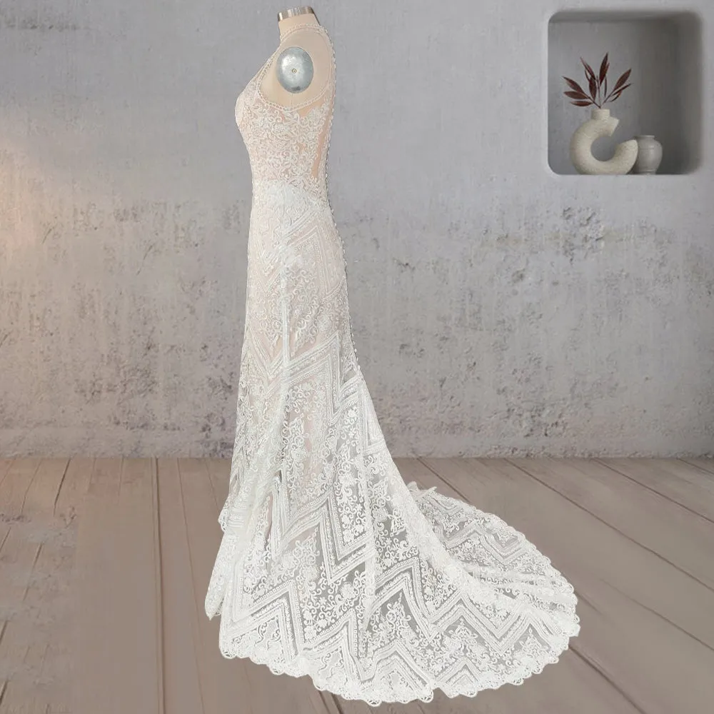 Mermaid White Halter Lace Appliqued Wedding Dress