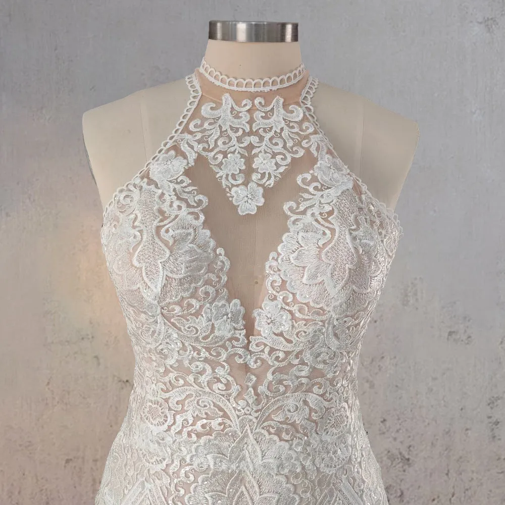Mermaid White Halter Lace Appliqued Wedding Dress