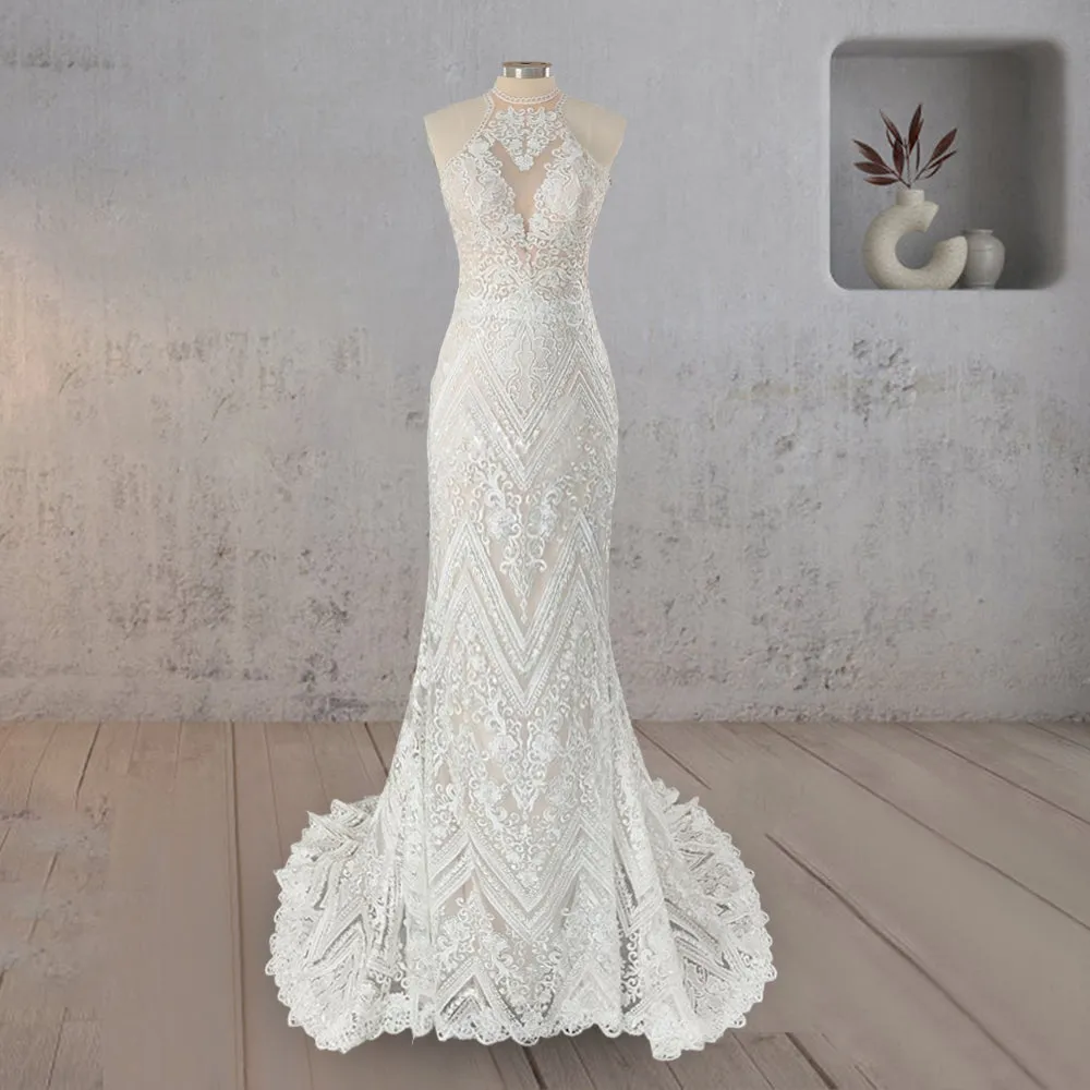 Mermaid White Halter Lace Appliqued Wedding Dress