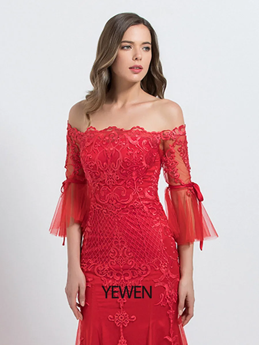 Mermaid/Trumpet Luxurious Prom Dress Off Shoulder 1/2 Sleeve Floor Length Tulle with Appliques 2024