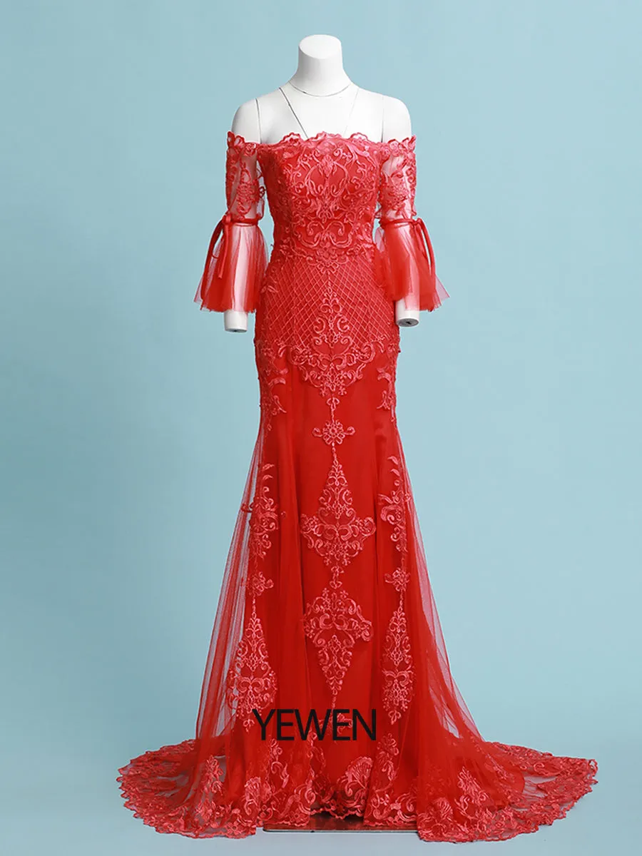 Mermaid/Trumpet Luxurious Prom Dress Off Shoulder 1/2 Sleeve Floor Length Tulle with Appliques 2024