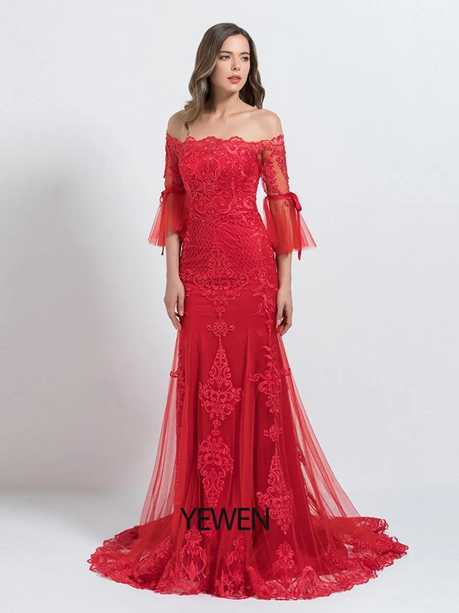 Mermaid/Trumpet Luxurious Prom Dress Off Shoulder 1/2 Sleeve Floor Length Tulle with Appliques 2024