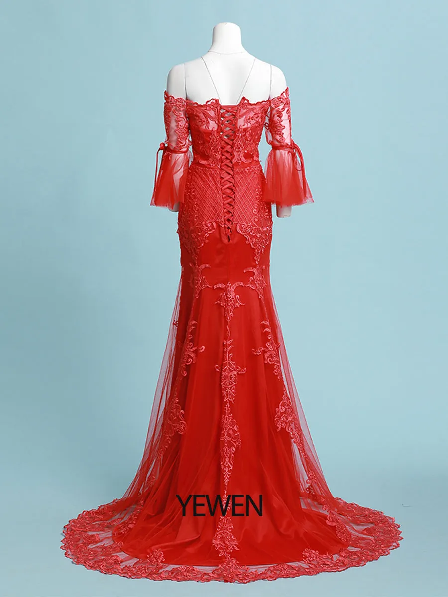 Mermaid/Trumpet Luxurious Prom Dress Off Shoulder 1/2 Sleeve Floor Length Tulle with Appliques 2024