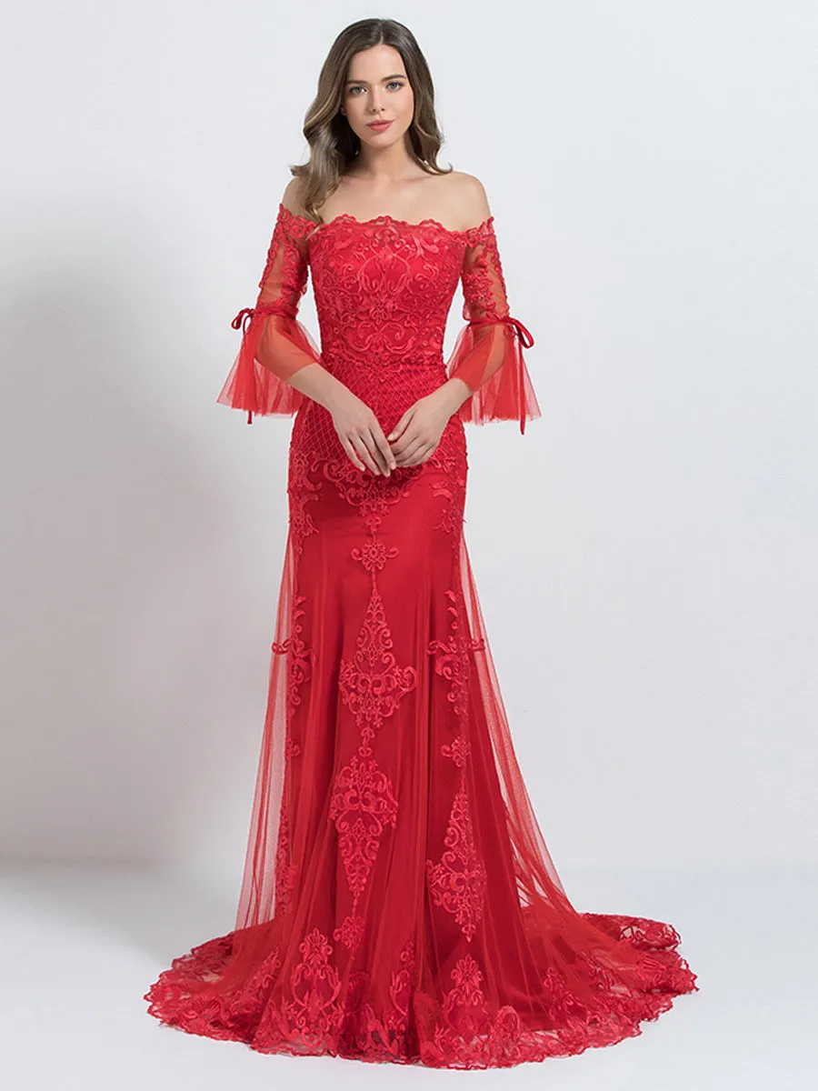 Mermaid/Trumpet Luxurious Prom Dress Off Shoulder 1/2 Sleeve Floor Length Tulle with Appliques 2024