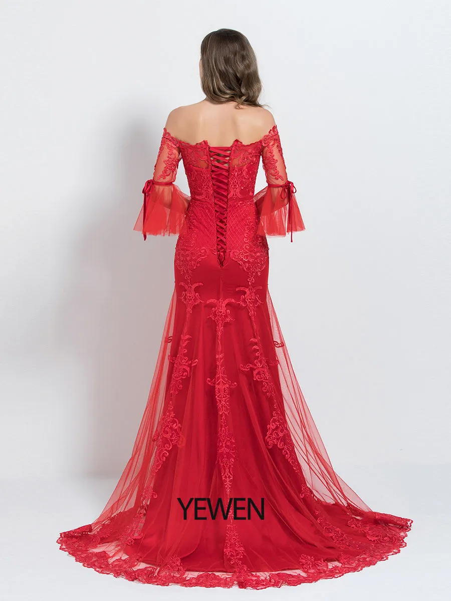 Mermaid/Trumpet Luxurious Prom Dress Off Shoulder 1/2 Sleeve Floor Length Tulle with Appliques 2024