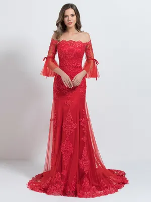 Mermaid/Trumpet Luxurious Prom Dress Off Shoulder 1/2 Sleeve Floor Length Tulle with Appliques 2024