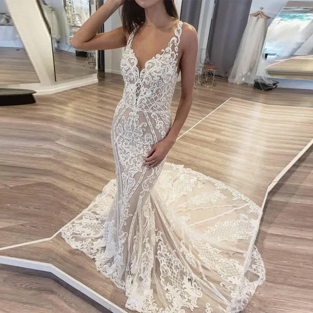 Modest Lace Mermaid Wedding Dress With Illusion Back Sexy Handmade Appliques