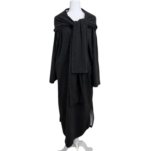 NAP Loungewear Hooded House Robe Gown Dress Long Sleeve Scarf Charcoal Gray XL