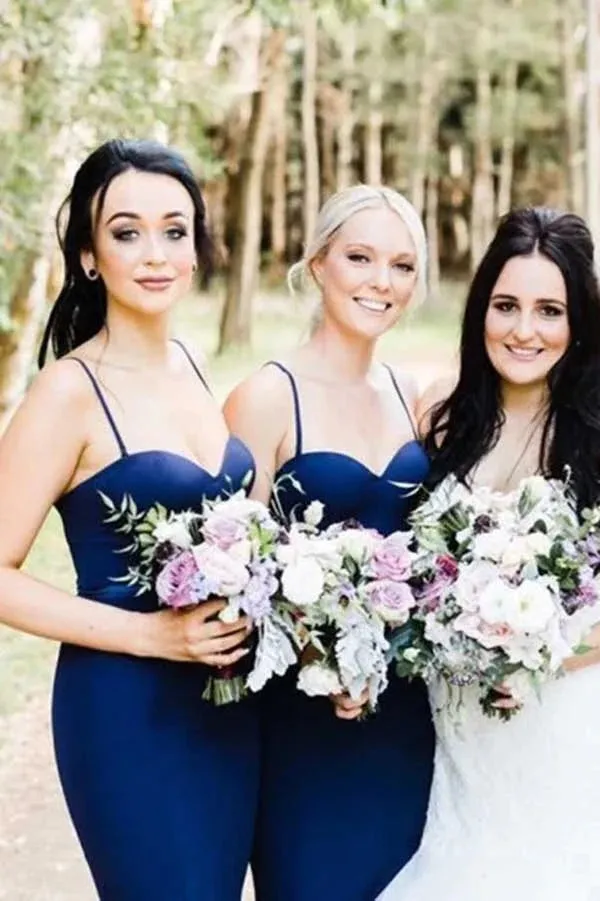 Navy Mermaid Sweetheart Neck Spaghetti Straps Bridesmaid Dresses, MBD187