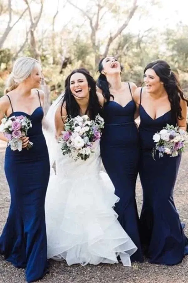 Navy Mermaid Sweetheart Neck Spaghetti Straps Bridesmaid Dresses, MBD187