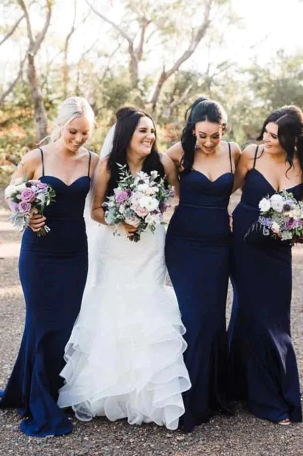 Navy Mermaid Sweetheart Neck Spaghetti Straps Bridesmaid Dresses, MBD187