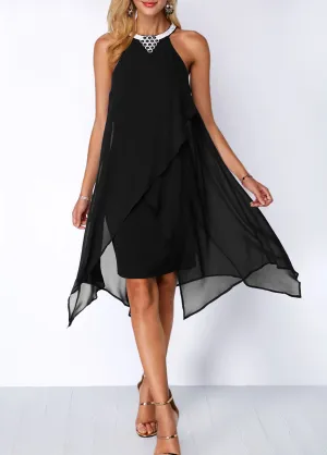 New Embellished Neck Asymmetric Hem Black Chiffon Dress Sz M! Nice stretch to fabric slip dress under chiffon, stunning elegant dress!