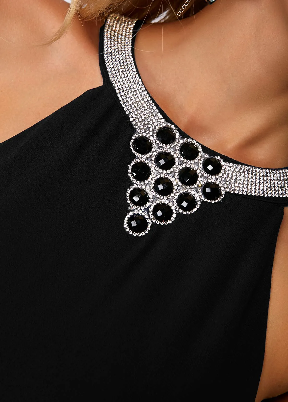 New Embellished Neck Asymmetric Hem Black Chiffon Dress Sz M! Nice stretch to fabric slip dress under chiffon, stunning elegant dress!