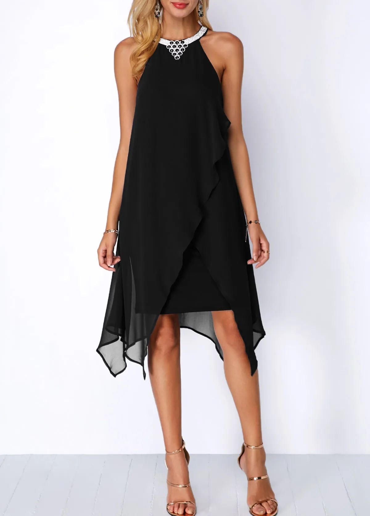 New Embellished Neck Asymmetric Hem Black Chiffon Dress Sz M! Nice stretch to fabric slip dress under chiffon, stunning elegant dress!