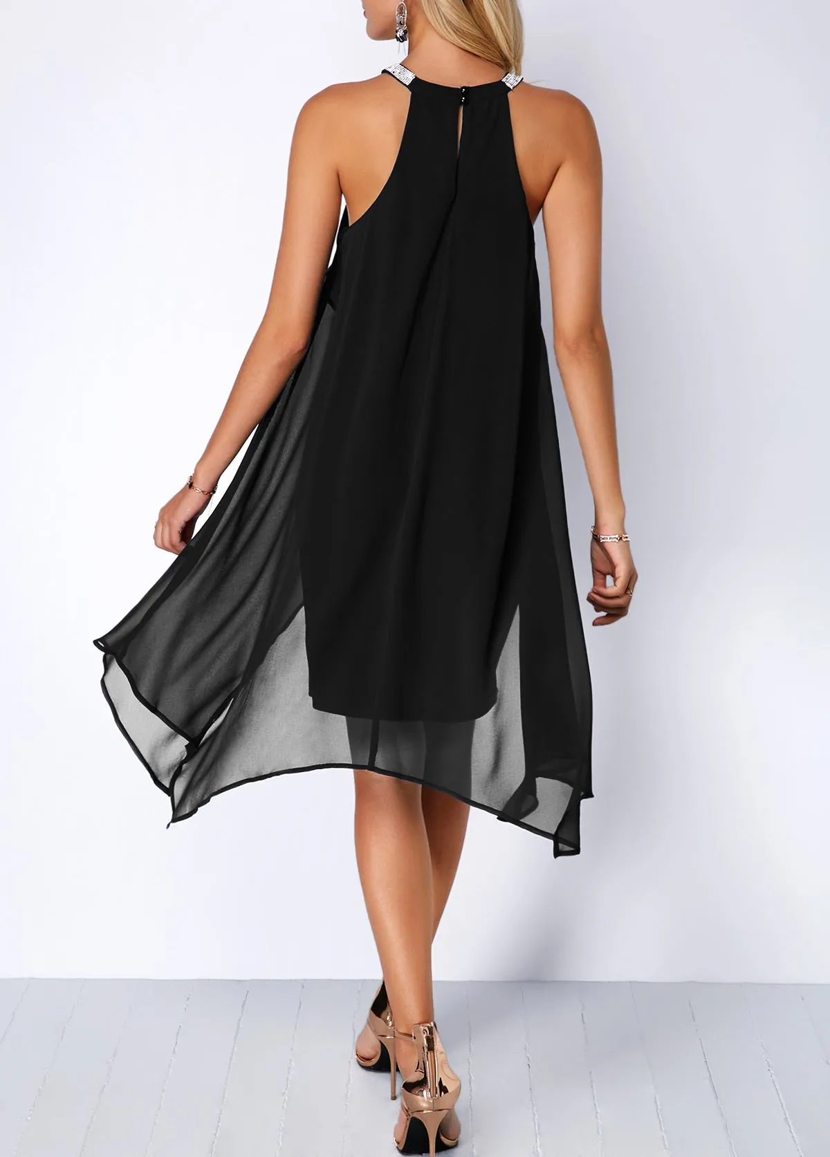 New Embellished Neck Asymmetric Hem Black Chiffon Dress Sz M! Nice stretch to fabric slip dress under chiffon, stunning elegant dress!