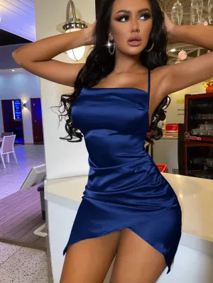New SHEIN SXY Draped Collar Tulip Hem Crisscross Backless Satin Cami Dress in Royal Blue, Sz M!