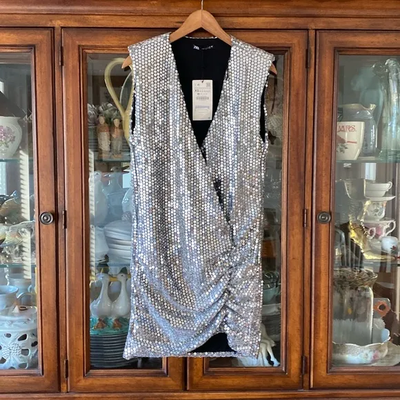 NEW Zara Silver Sequin Draped Mini