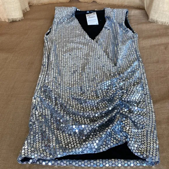 NEW Zara Silver Sequin Draped Mini