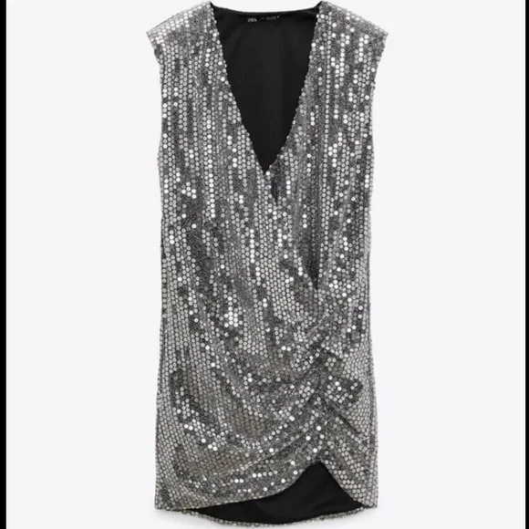 NEW Zara Silver Sequin Draped Mini