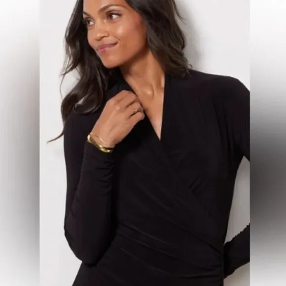 Norma Kamali Black Long-Sleeve Side Draped Jersey Dress, Size Small