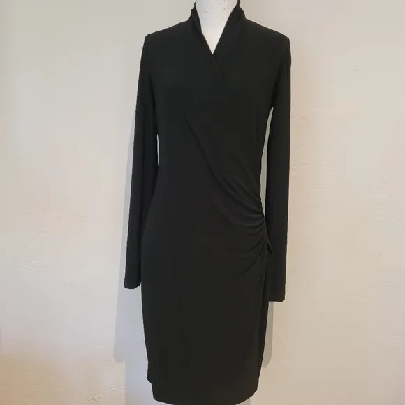 Norma Kamali Black Long-Sleeve Side Draped Jersey Dress, Size Small