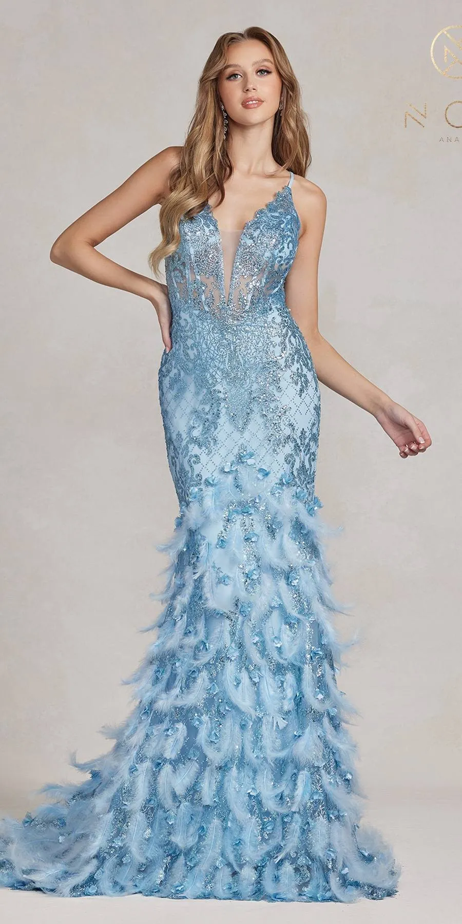 Nox Anabel C1111 Glitter Feather Skirt Mermaid Gown