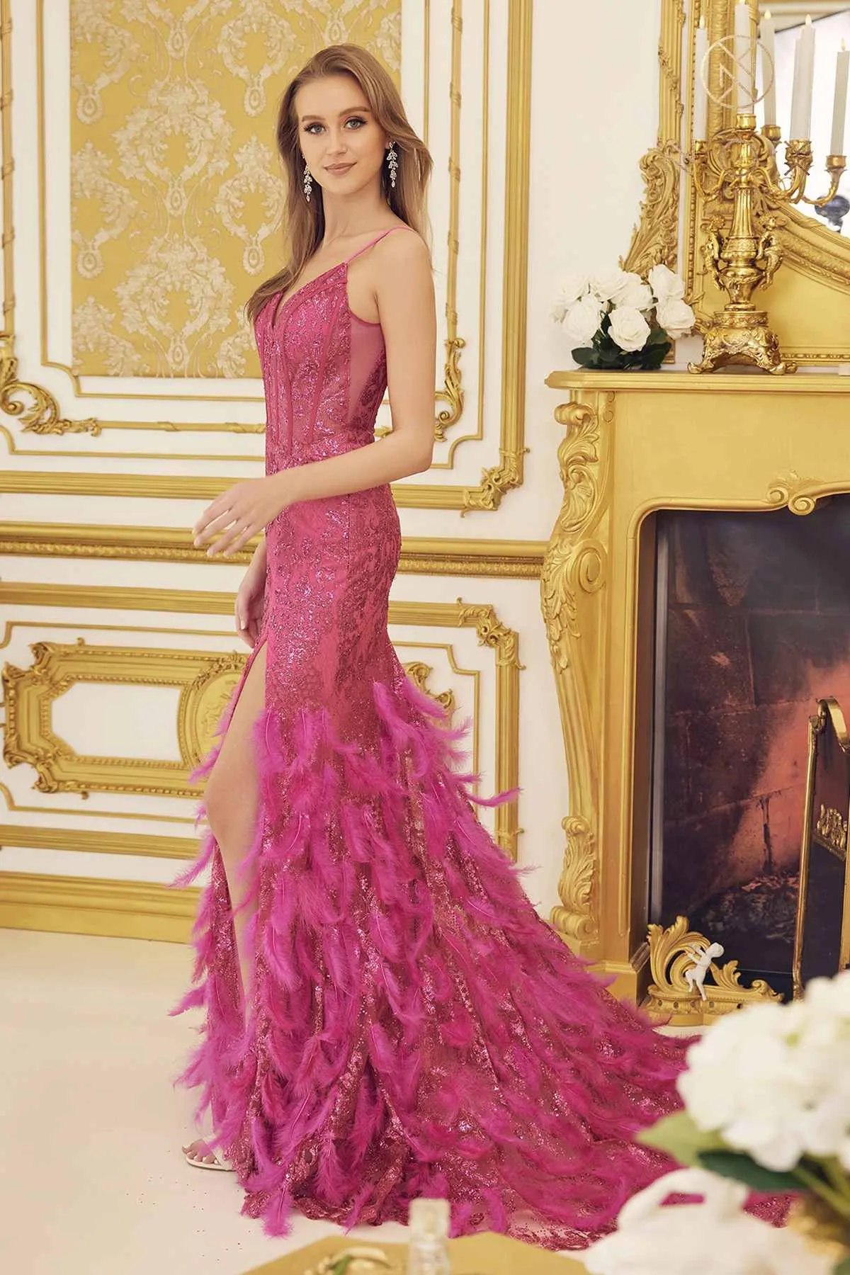 Nox Anabel C1119 Long Feather Fringed Mermaid Gown with Slit
